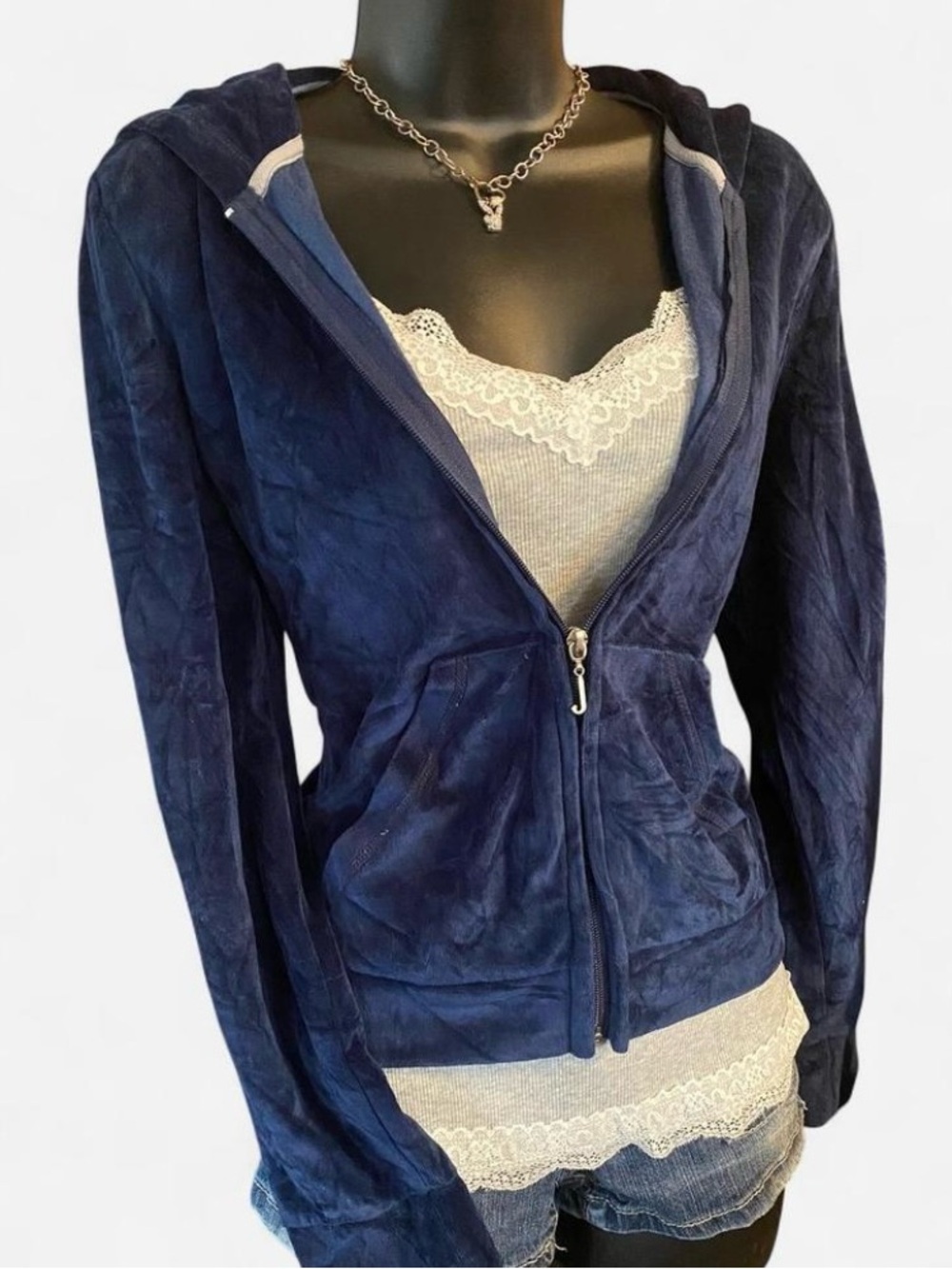 Y2k Juicy Couture Dark Blue Velour Zip Up Hoodie